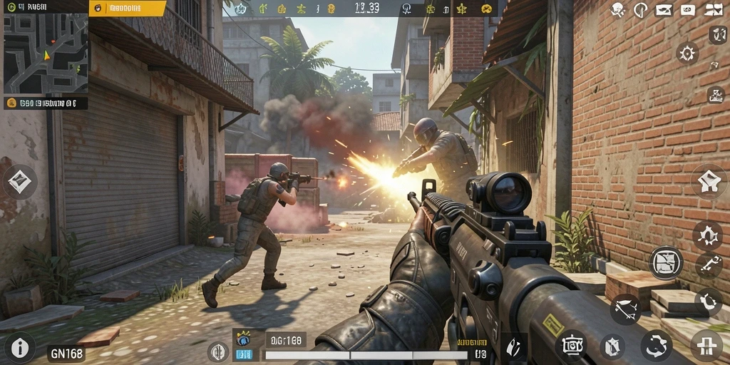 Screenshot gameplay GN168 menampilkan aksi tembak-menembak yang intens.