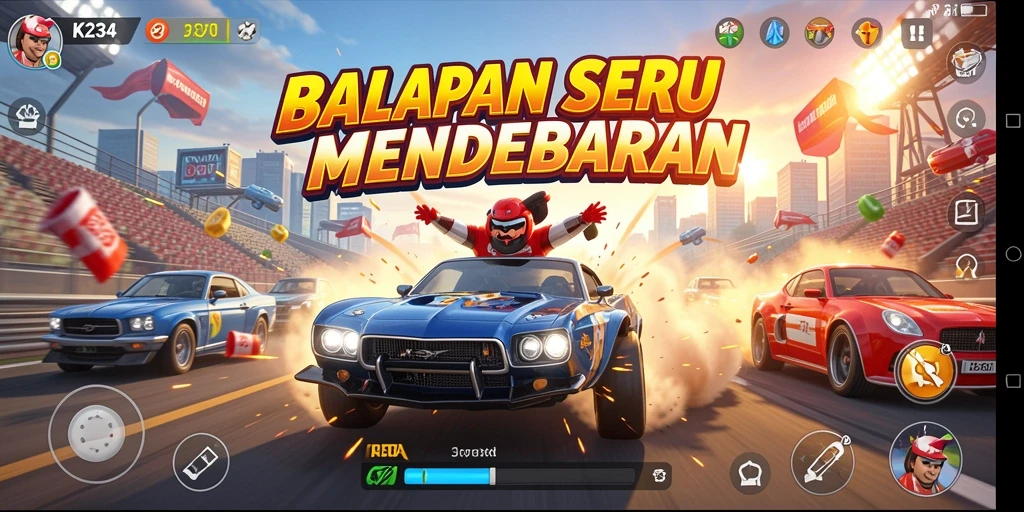 Screenshot K234 menampilkan momen balapan yang mendebarkan di trek yang bervariasi.