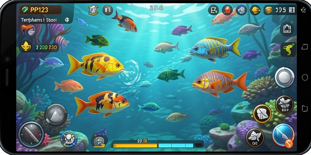 Tampilan gameplay PP123 dengan aksi memancing ikan yang mendebarkan.